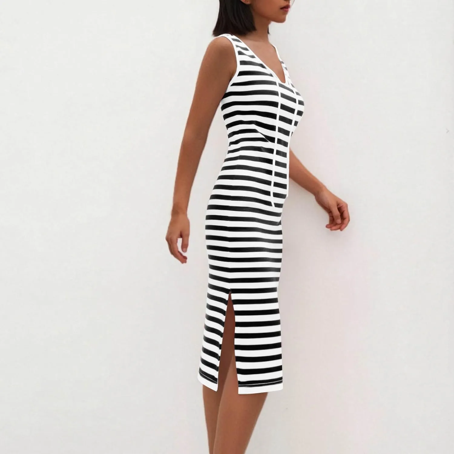Women's 2025 Summer V Neck Striped Color Block Tank Dress Sleeveless Side Slit Casual Midi Beach Vacation Sundress