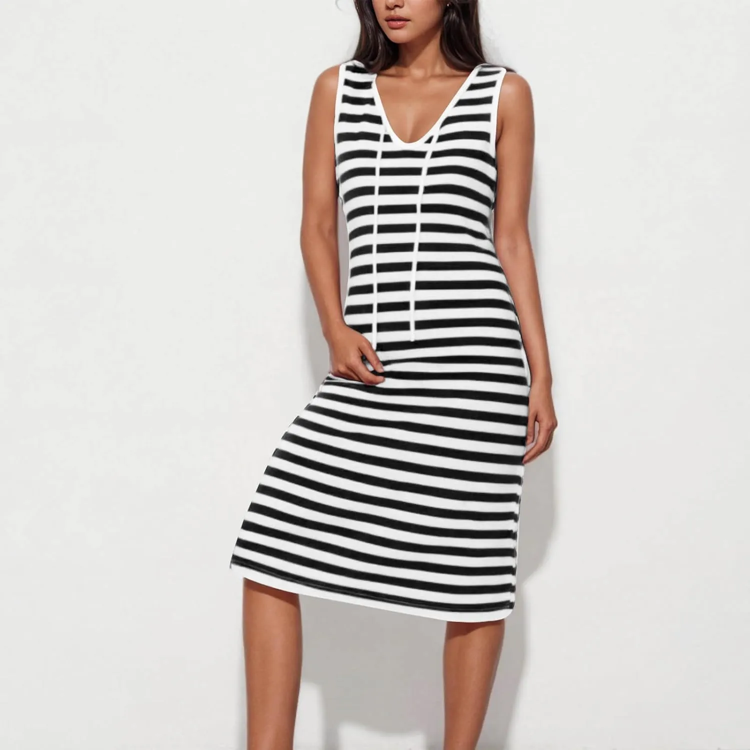 Women's 2025 Summer V Neck Striped Color Block Tank Dress Sleeveless Side Slit Casual Midi Beach Vacation Sundress