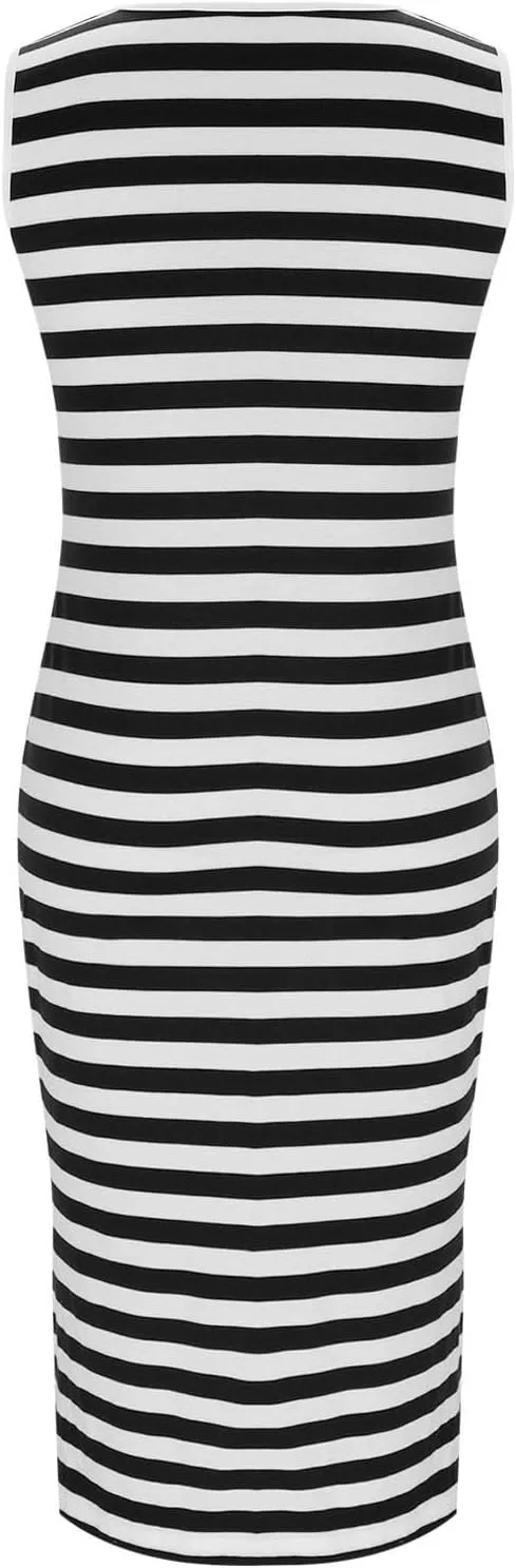 Women's 2025 Summer V Neck Striped Color Block Tank Dress Sleeveless Side Slit Casual Midi Beach Vacation Sundress