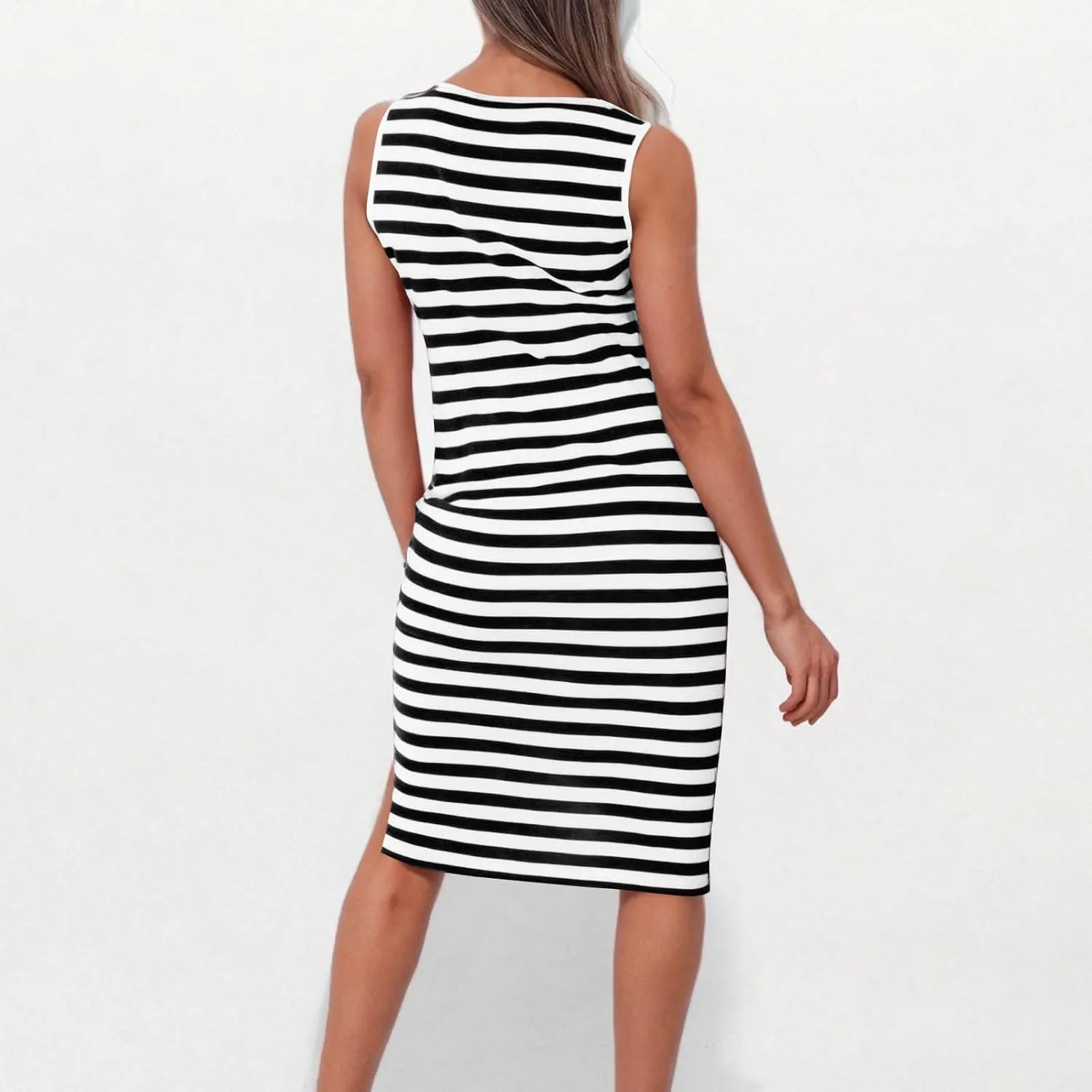 Women's 2025 Summer V Neck Striped Color Block Tank Dress Sleeveless Side Slit Casual Midi Beach Vacation Sundress