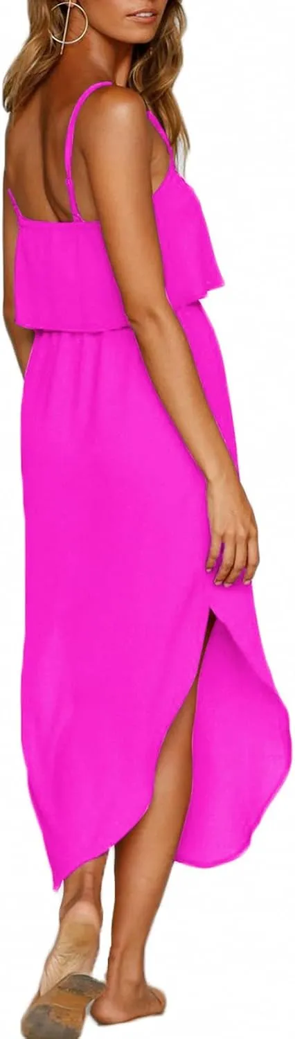 Women's Adjustable Strappy Split Summer Beach Casual Midi Dress
