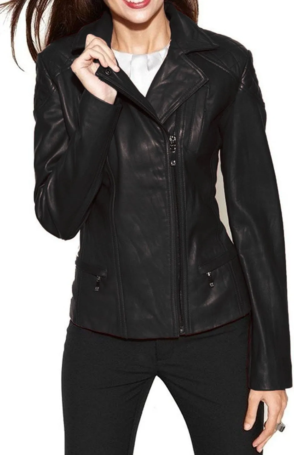 Womens Bambert Lambskin Genuine Leather Jacket, Biker Jacket
