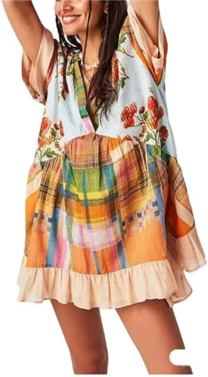 Womens Boho Mini Dress Y2k Floral Deep V-Neck Puff Sleeve Short Dresses Summer Causal Flowy Beach Sundress