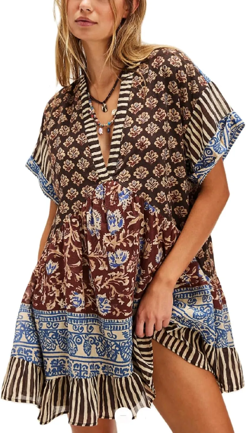 Womens Boho Mini Dress Y2k Floral Deep V-Neck Puff Sleeve Short Dresses Summer Causal Flowy Beach Sundress