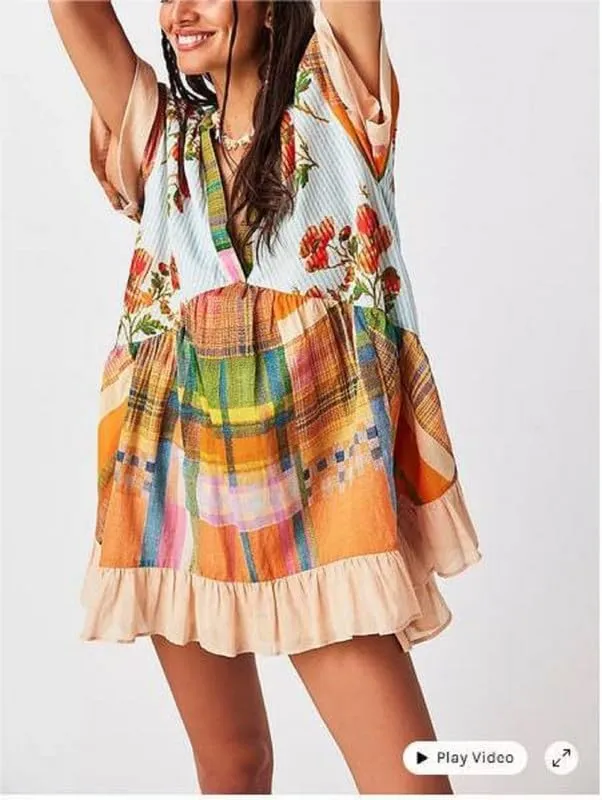 Womens Boho Mini Dress Y2k Floral Deep V-Neck Puff Sleeve Short Dresses Summer Causal Flowy Beach Sundress