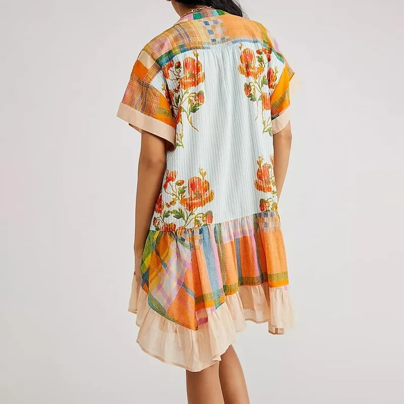Womens Boho Mini Dress Y2k Floral Deep V-Neck Puff Sleeve Short Dresses Summer Causal Flowy Beach Sundress