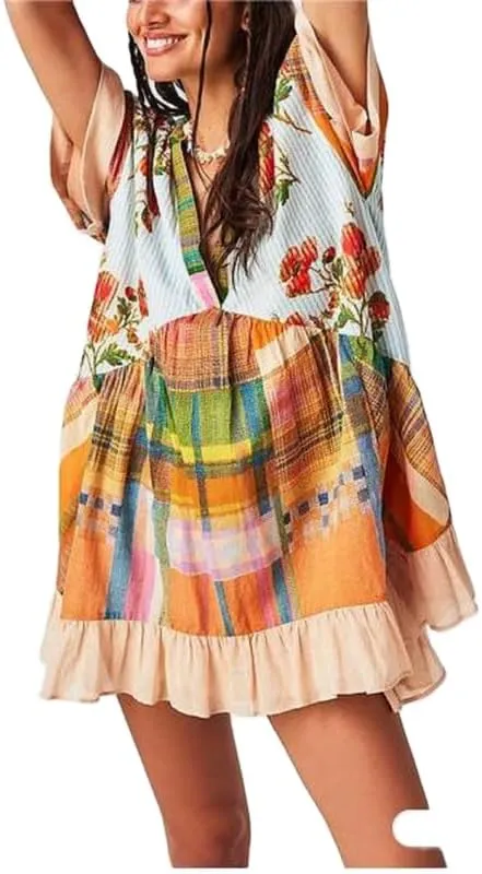 Womens Boho Mini Dress Y2k Floral Deep V-Neck Puff Sleeve Short Dresses Summer Causal Flowy Beach Sundress