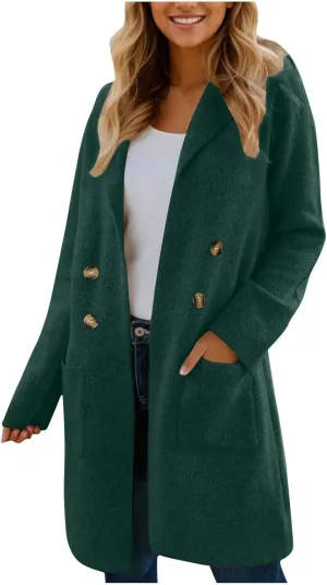 Womens Business Long Double Breasted Coats Lapel Collar Pea Coat Winter Slim Fit Jackets Fashion Trench Coat Outwear