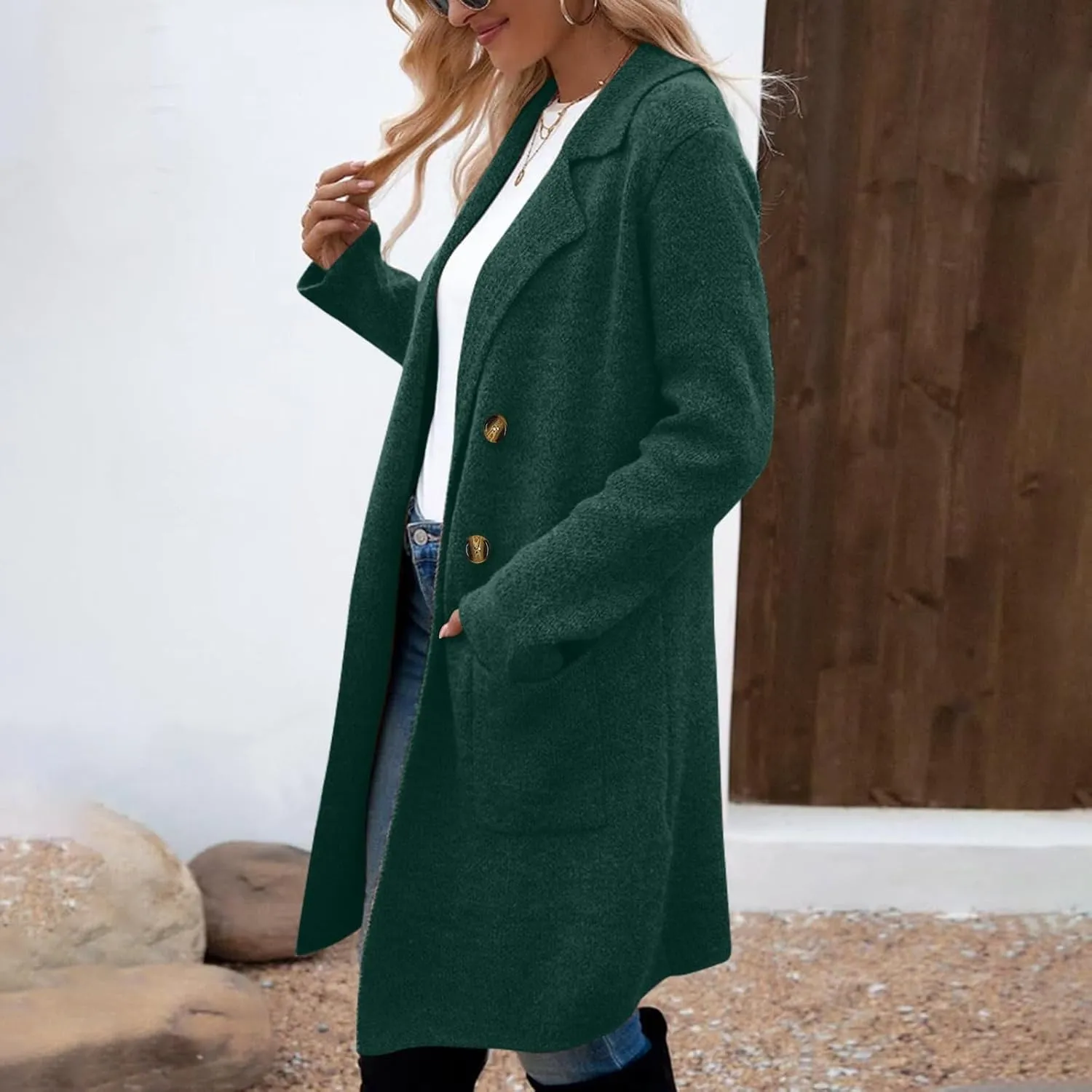 Womens Business Long Double Breasted Coats Lapel Collar Pea Coat Winter Slim Fit Jackets Fashion Trench Coat Outwear