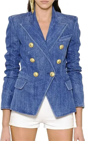 Women's Business Office Party Buttons Double Breasted Lapel Denim Blazer Jacket
