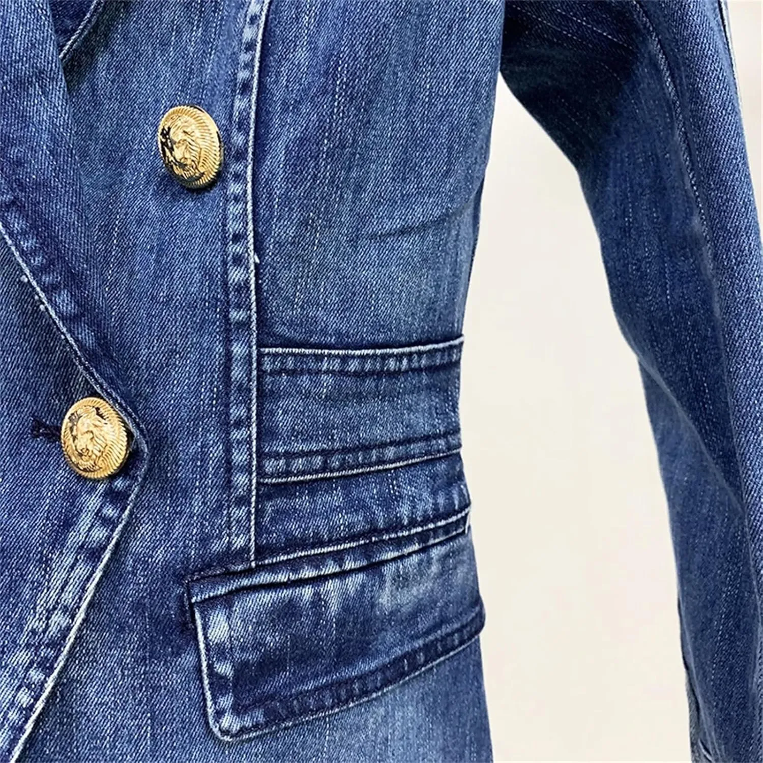 Women's Business Office Party Buttons Double Breasted Lapel Denim Blazer Jacket