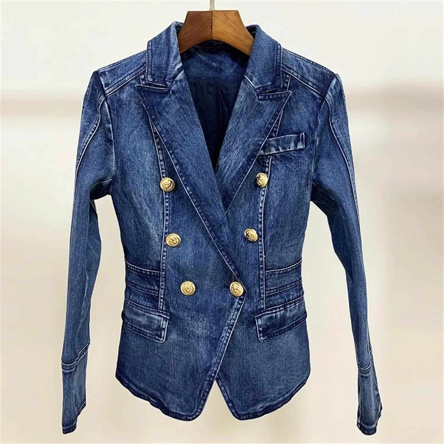 Women's Business Office Party Buttons Double Breasted Lapel Denim Blazer Jacket