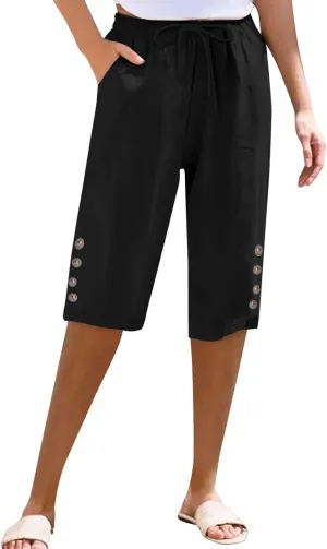 Womens Capris Pants High Waist Drawstring Comfy Casual Pants Lightweight Loose Trousers Buttons Trim with Pockets