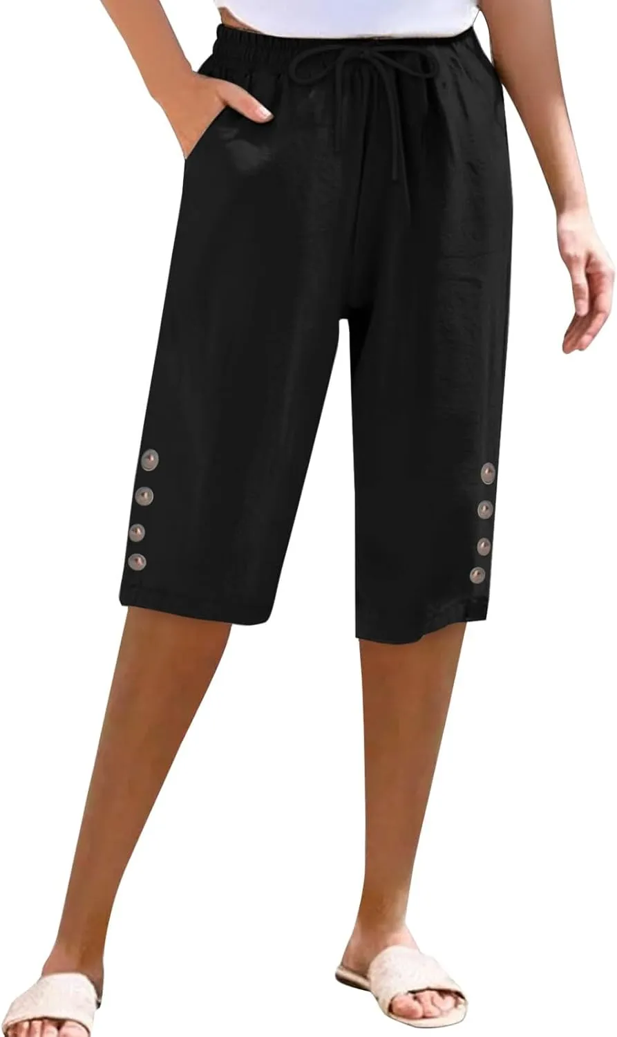 Womens Capris Pants High Waist Drawstring Comfy Casual Pants Lightweight Loose Trousers Buttons Trim with Pockets