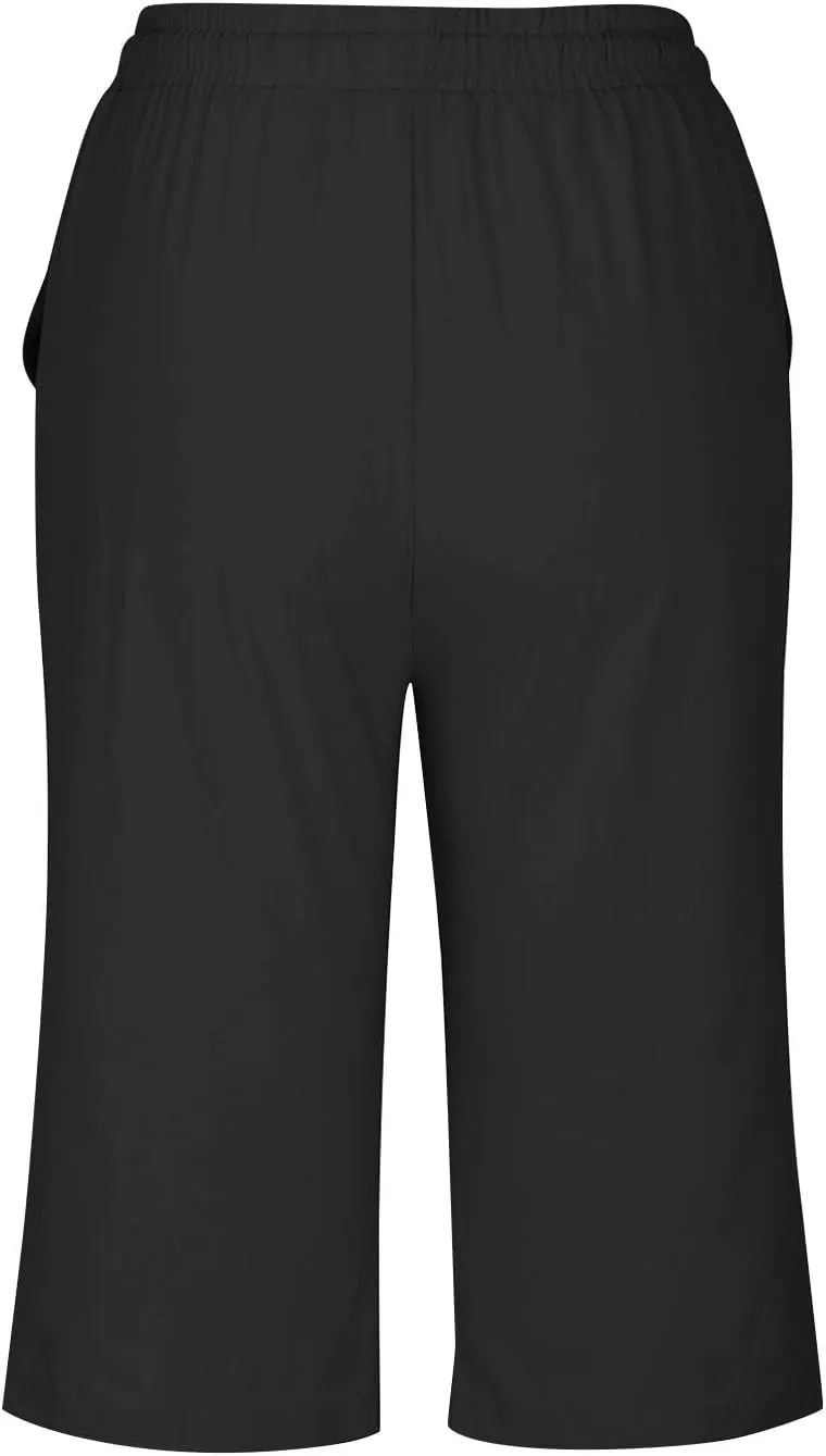Womens Capris Pants High Waist Drawstring Comfy Casual Pants Lightweight Loose Trousers Buttons Trim with Pockets