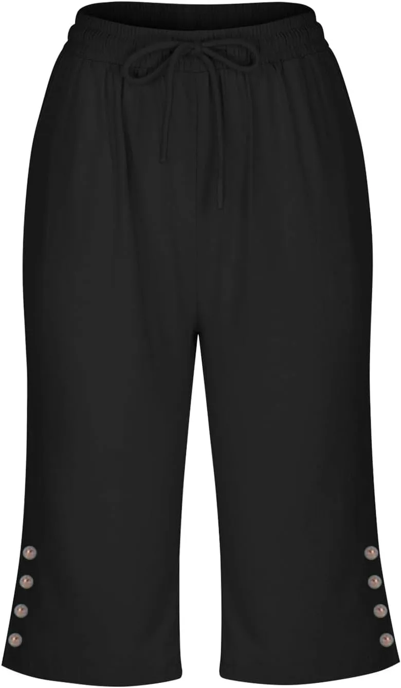 Womens Capris Pants High Waist Drawstring Comfy Casual Pants Lightweight Loose Trousers Buttons Trim with Pockets