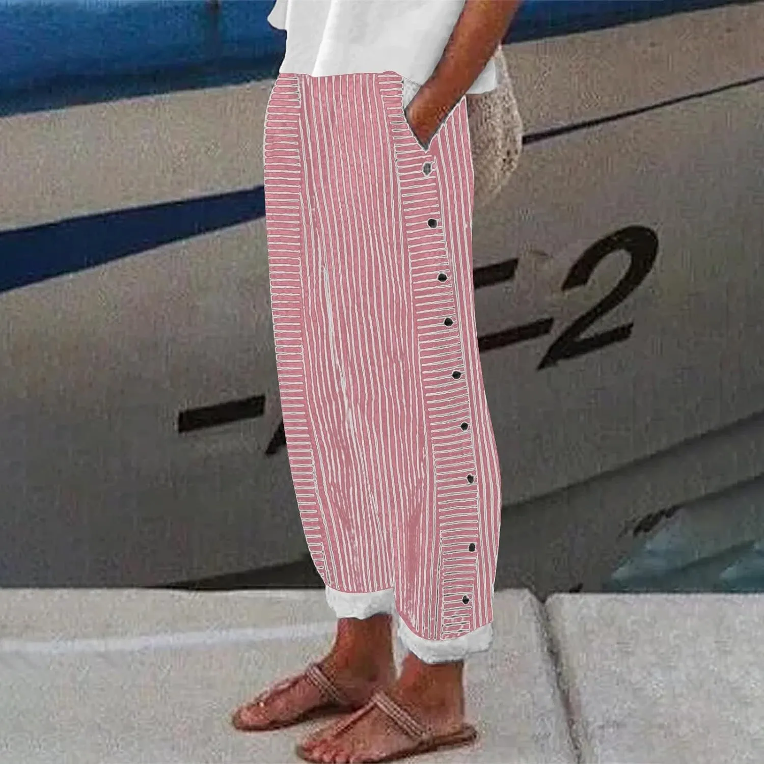 Womens Capris with Pockets Women'sCotton and Linen Striped Elastic Waistband High Waistband Wide Leg Palazzo