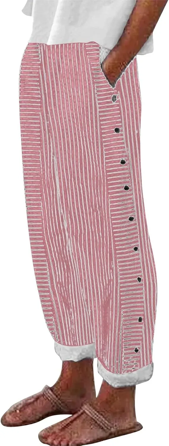 Womens Capris with Pockets Women'sCotton and Linen Striped Elastic Waistband High Waistband Wide Leg Palazzo