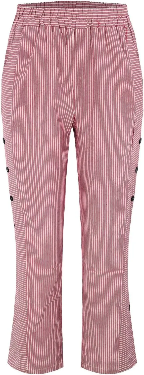 Womens Capris with Pockets Women'sCotton and Linen Striped Elastic Waistband High Waistband Wide Leg Palazzo