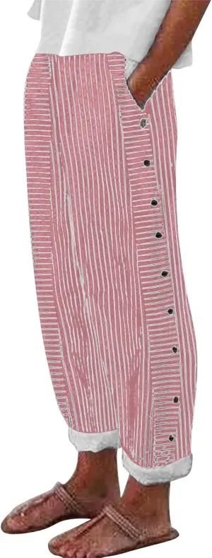 Womens Capris with Pockets Women'sCotton and Linen Striped Elastic Waistband High Waistband Wide Leg Palazzo