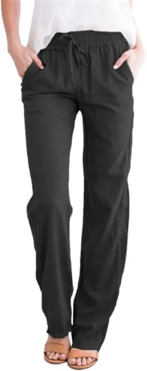 Women's Casual Cotton Linen Pants Summer Relax Fit Elastic Waist Straight Leg Comfy Solid Color Lounge Long Trouser