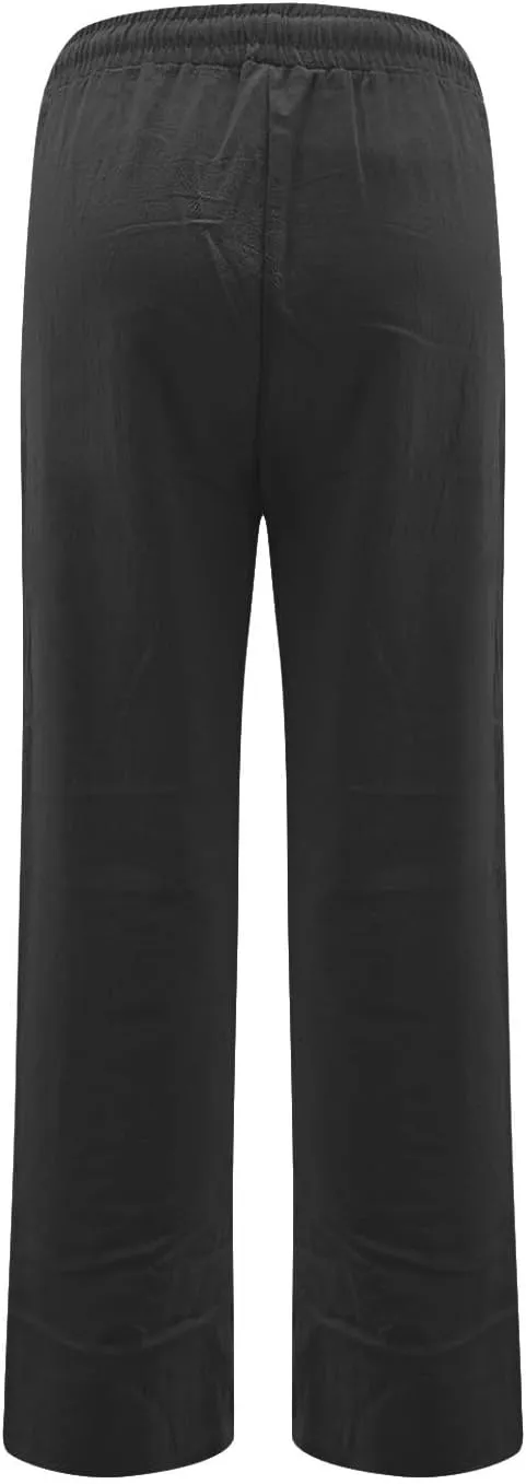 Women's Casual Cotton Linen Pants Summer Relax Fit Elastic Waist Straight Leg Comfy Solid Color Lounge Long Trouser