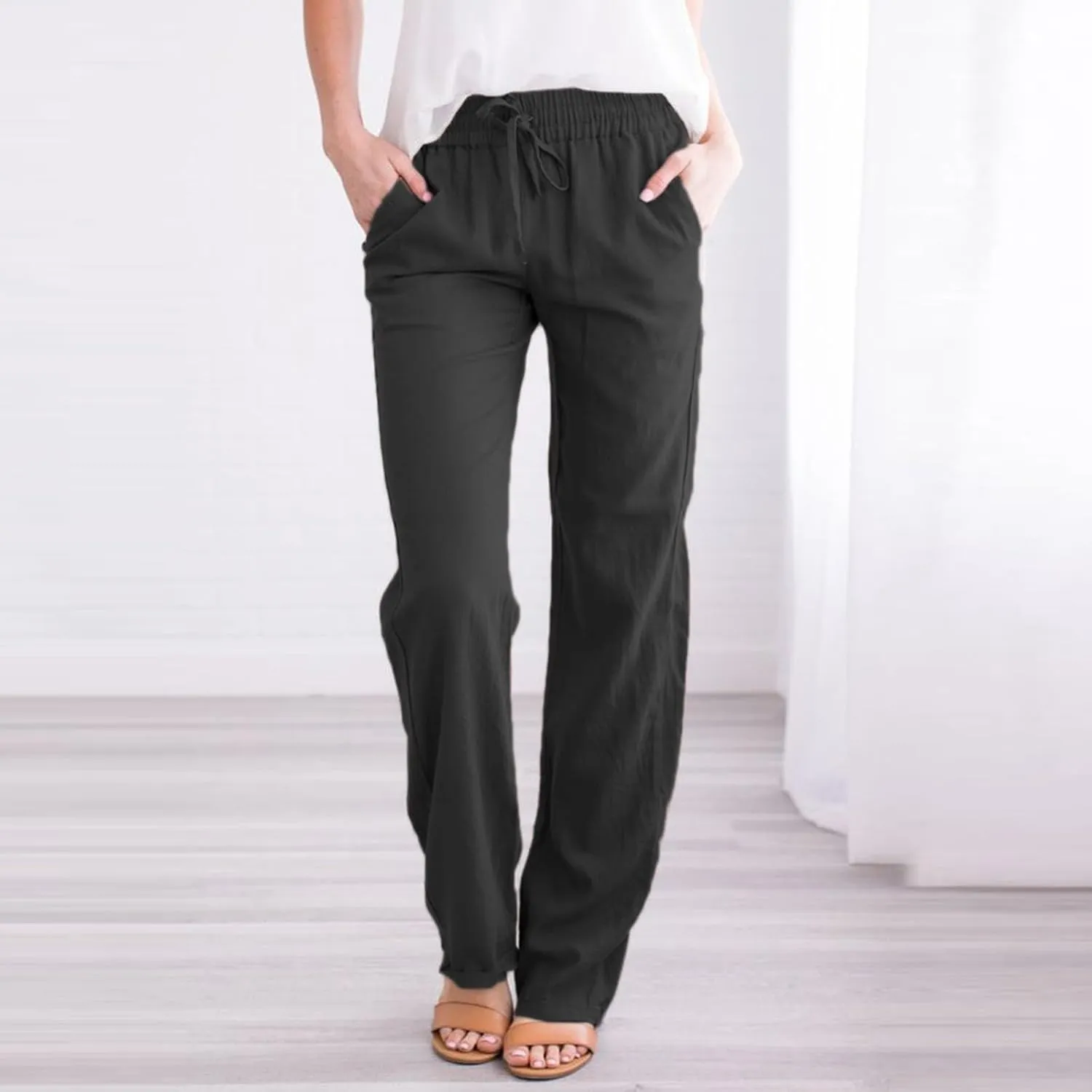Women's Casual Cotton Linen Pants Summer Relax Fit Elastic Waist Straight Leg Comfy Solid Color Lounge Long Trouser