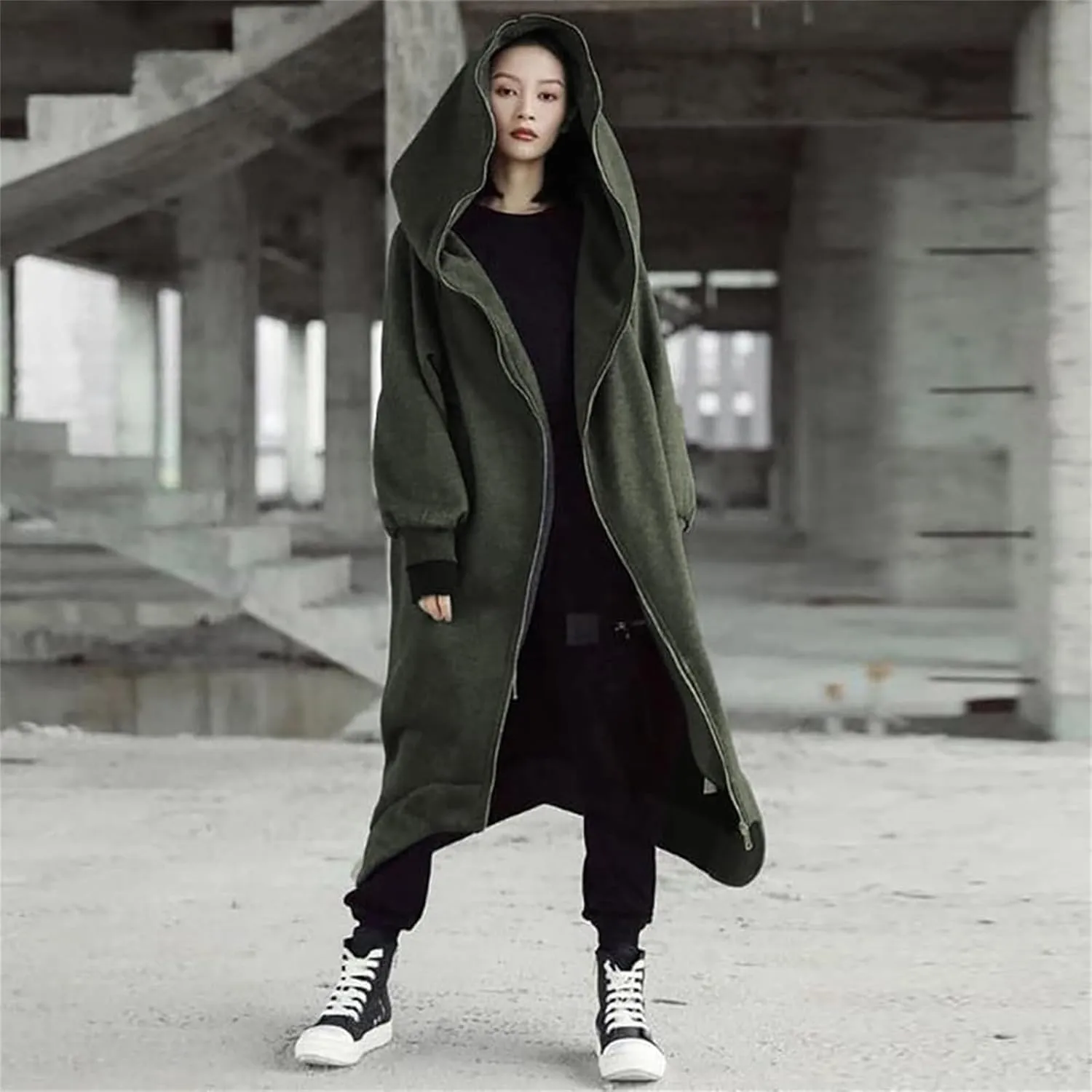 Womens Casual Hoodies Open Front Longline Overcoat Cloak Lightweight Long Sleeve Zip Up Cardigans Retro Gothic Jacket