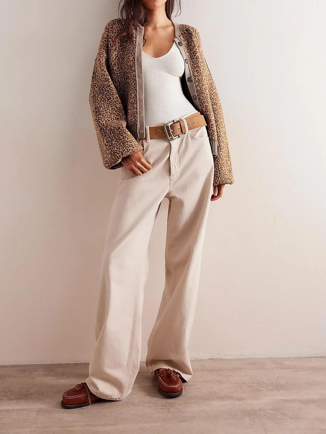 Women's Casual Leopard Print Jacket Crew Neck Long Sleeve Loose Fit Button Coat Fall Trendy Bomber Cardigan