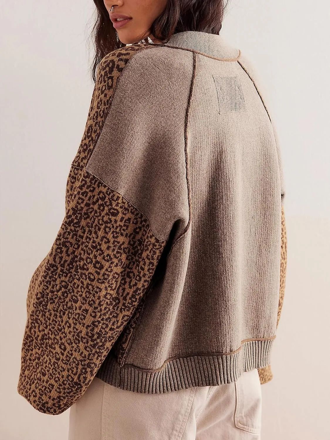 Women's Casual Leopard Print Jacket Crew Neck Long Sleeve Loose Fit Button Coat Fall Trendy Bomber Cardigan