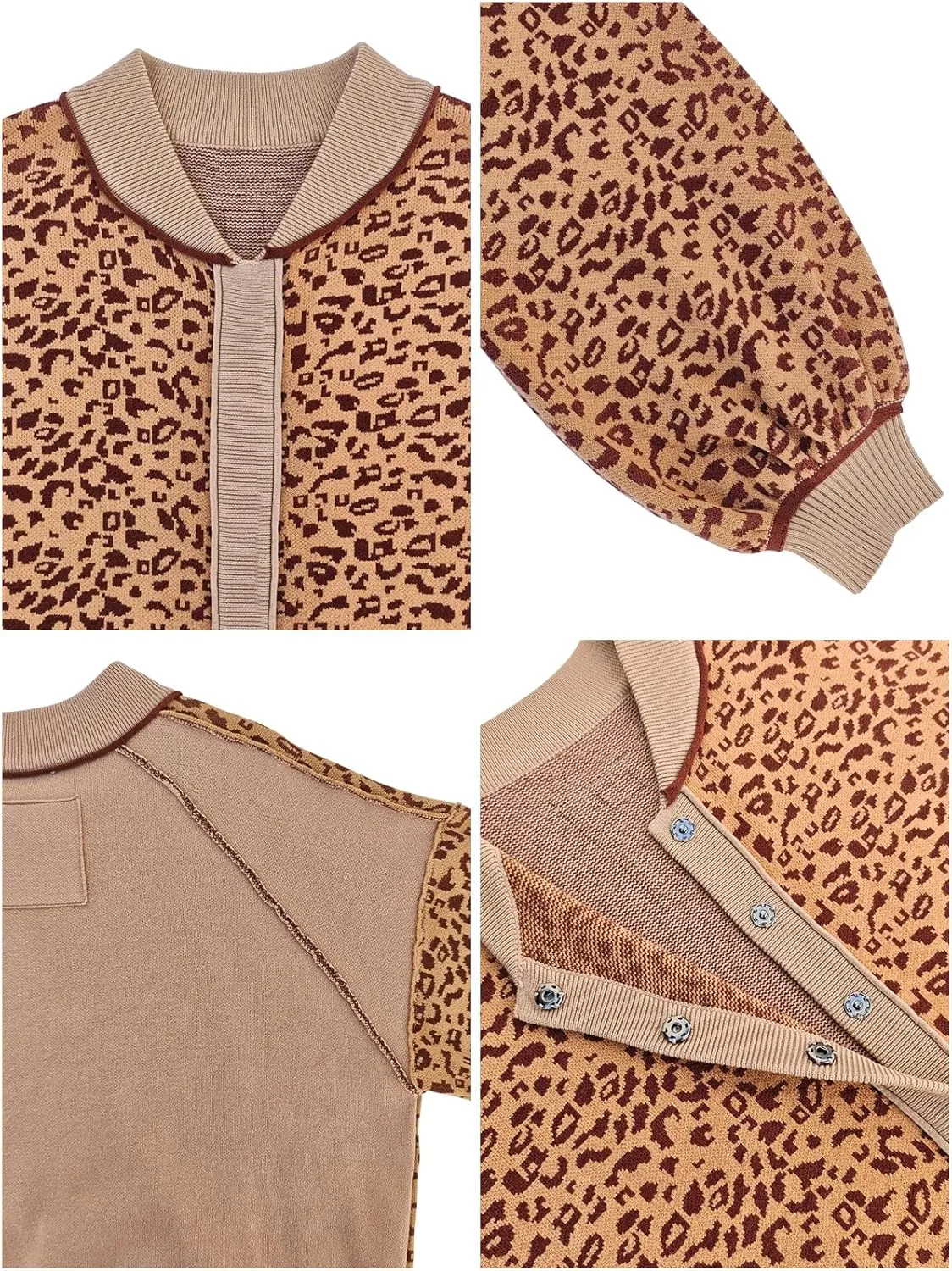 Women's Casual Leopard Print Jacket Crew Neck Long Sleeve Loose Fit Button Coat Fall Trendy Bomber Cardigan