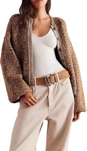 Women's Casual Leopard Print Jacket Crew Neck Long Sleeve Loose Fit Button Coat Fall Trendy Bomber Cardigan