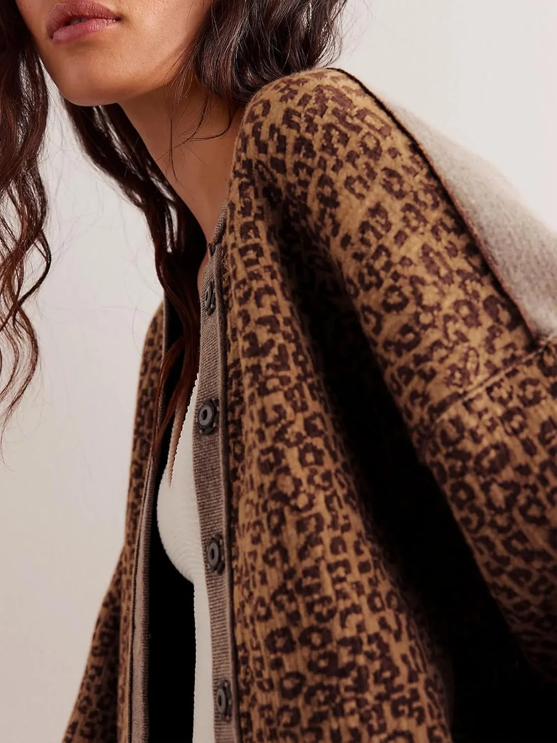 Women's Casual Leopard Print Jacket Crew Neck Long Sleeve Loose Fit Button Coat Fall Trendy Bomber Cardigan