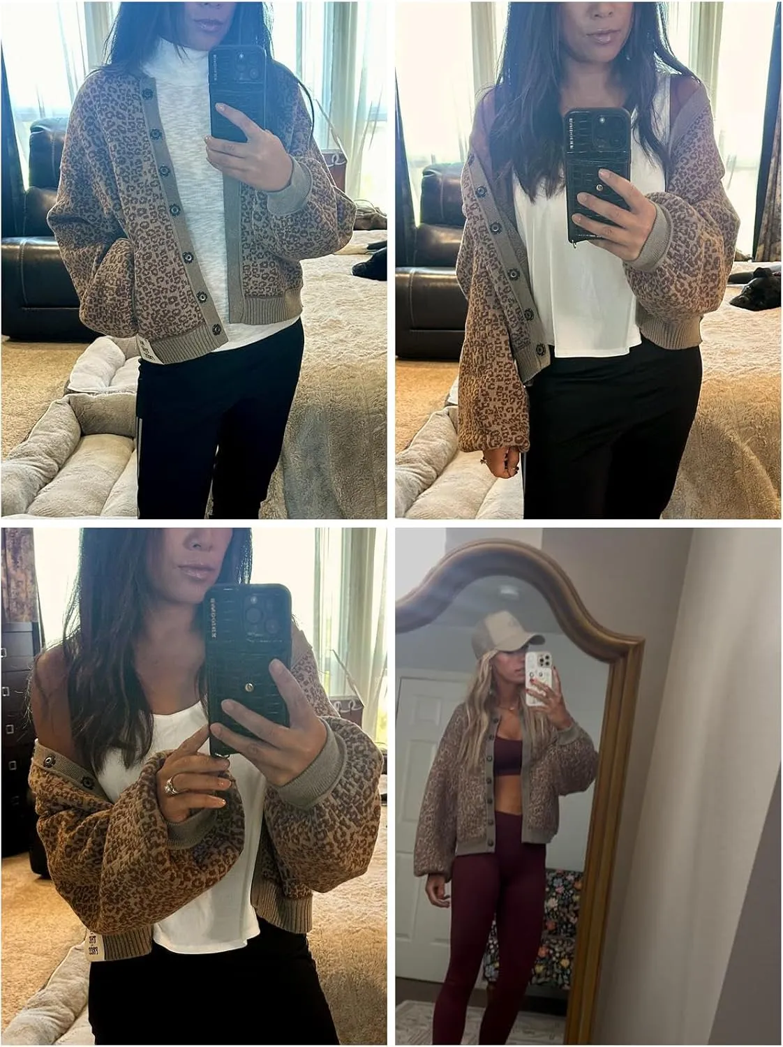 Women's Casual Leopard Print Jacket Crew Neck Long Sleeve Loose Fit Button Coat Fall Trendy Bomber Cardigan