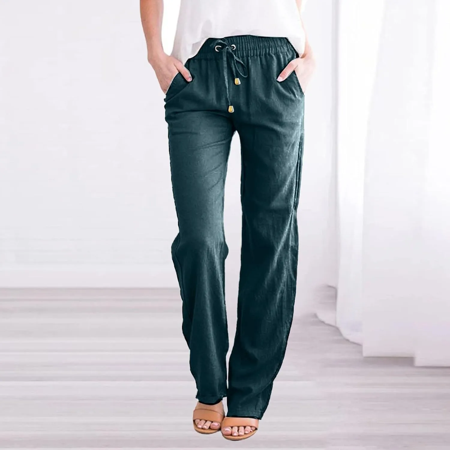 Womens Casual Linen Pants High Waisted Drawstring Solid Loose Fit Summer Beach Slacks Trousers with Side Pockets