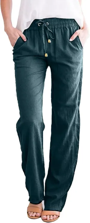 Womens Casual Linen Pants High Waisted Drawstring Solid Loose Fit Summer Beach Slacks Trousers with Side Pockets