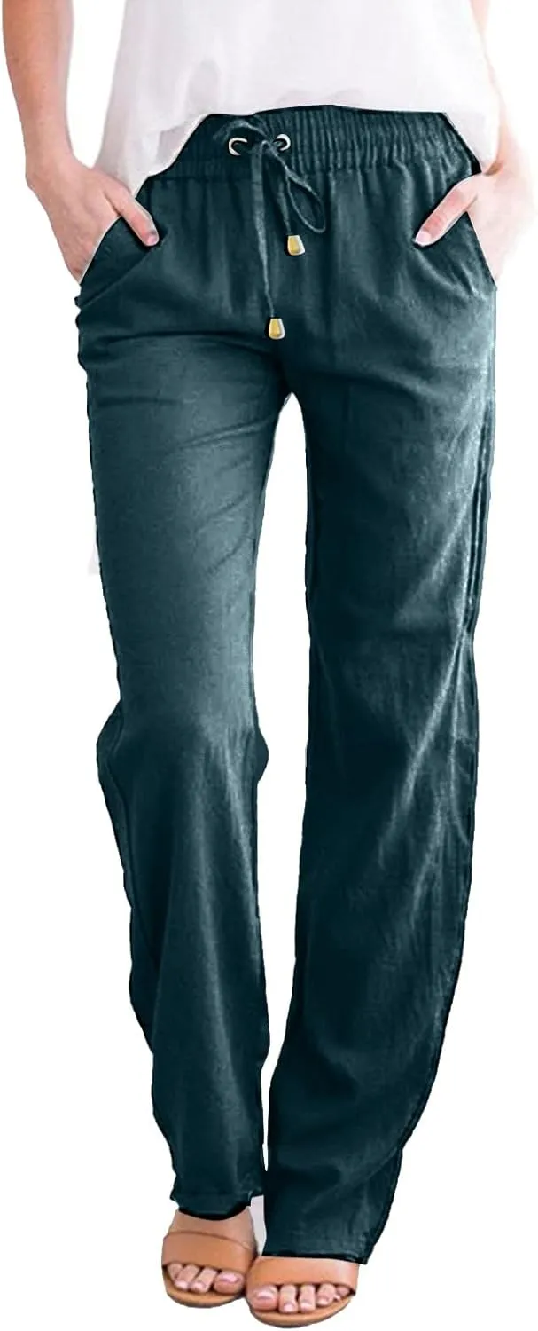 Womens Casual Linen Pants High Waisted Drawstring Solid Loose Fit Summer Beach Slacks Trousers with Side Pockets