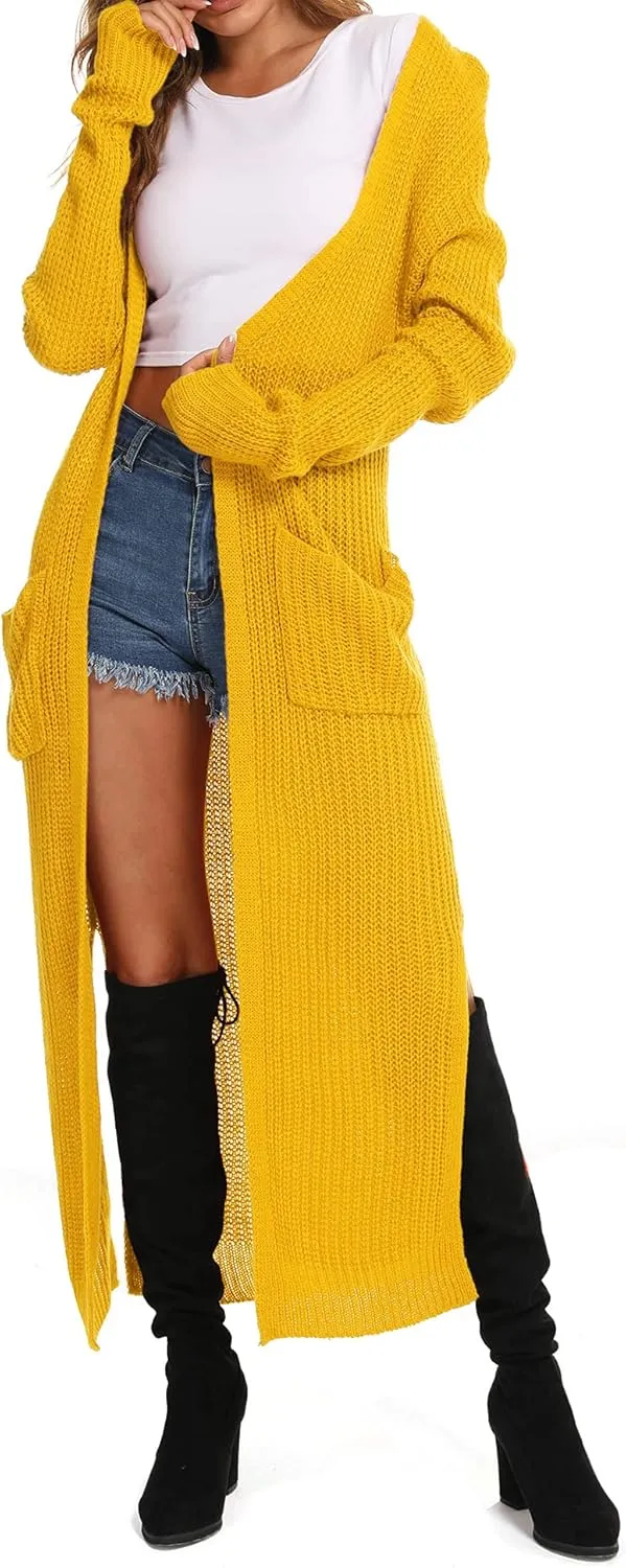 Womens Casual Long Sleeve Split Open Cardigan Knit Long Cardigan Sweaters with Pockets Fall Fashion 2024