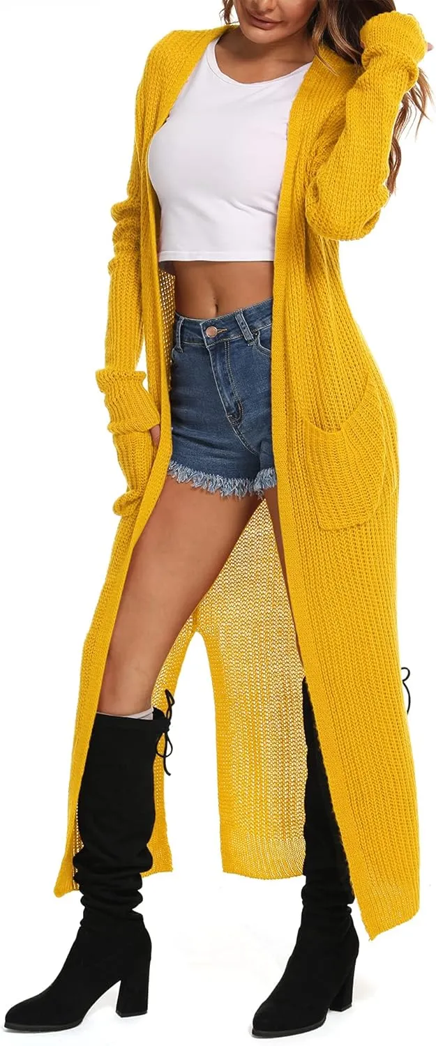 Womens Casual Long Sleeve Split Open Cardigan Knit Long Cardigan Sweaters with Pockets Fall Fashion 2024