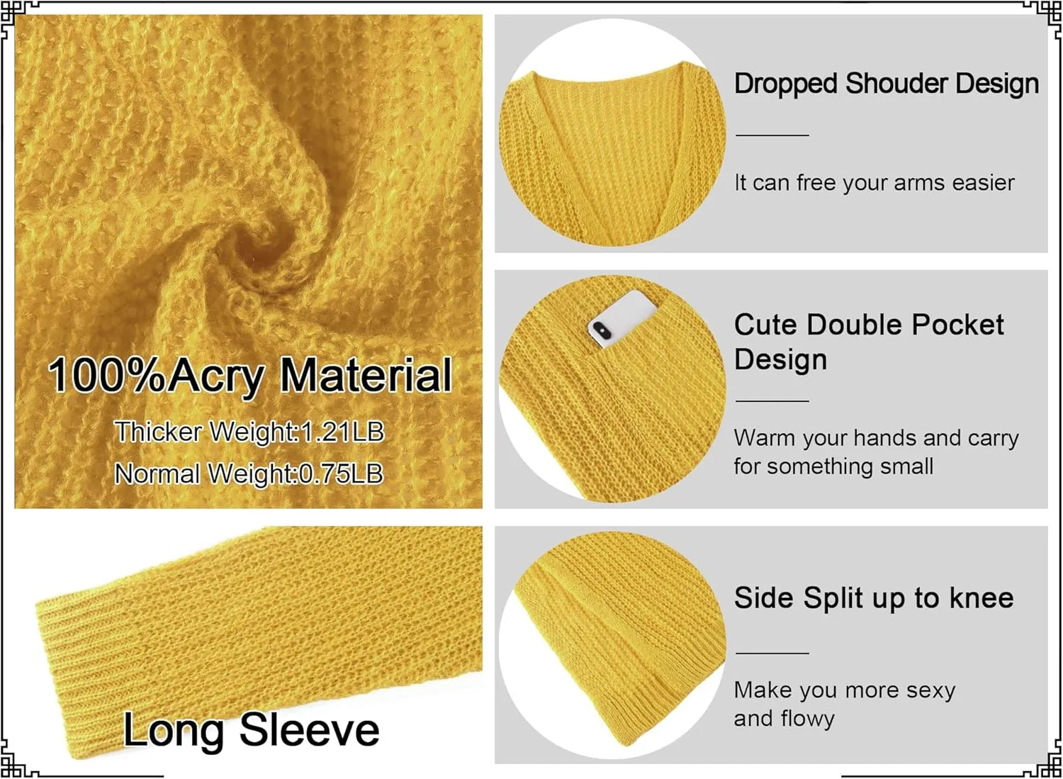 Womens Casual Long Sleeve Split Open Cardigan Knit Long Cardigan Sweaters with Pockets Fall Fashion 2024