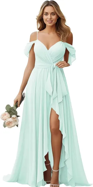 Women's Chiffon Bridesmaid Dresses with Slit Cold Shoulder V-Neck Long Formal Evening Party Gowns for Wedding.