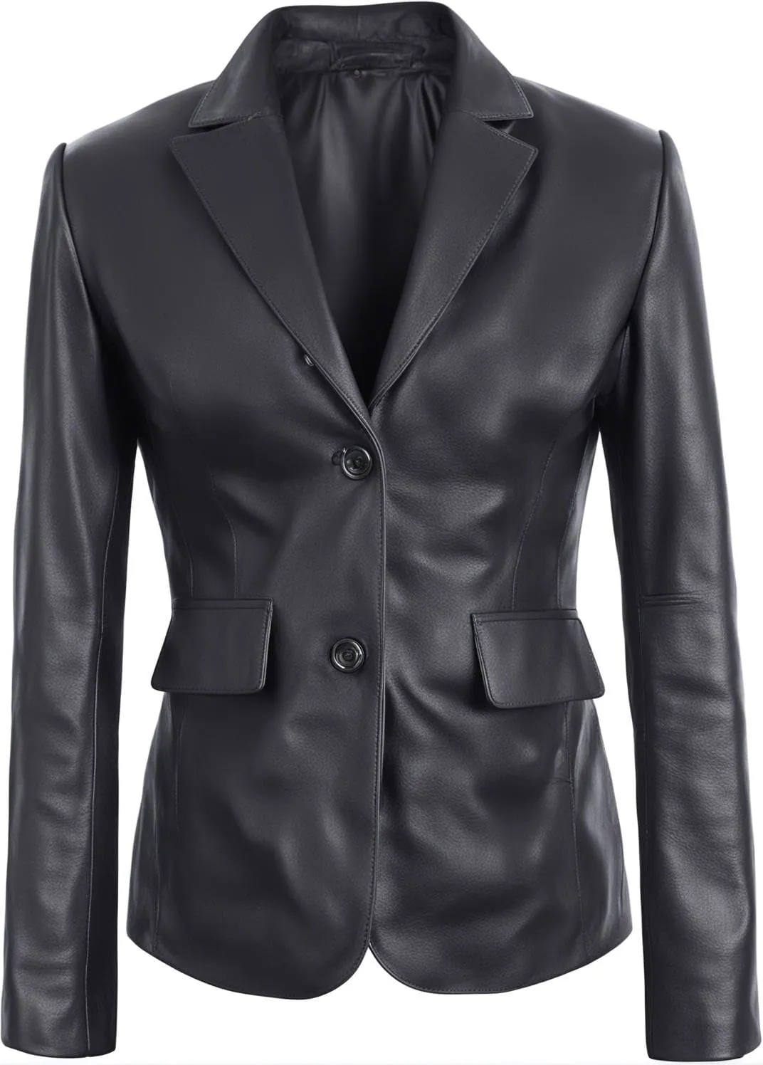Women's Classic 2-Button Lambskin Leather Blazer Women - Casual Coat Long Sleeves Suit Style Leather Jacket