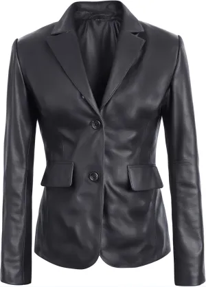 Women's Classic 2-Button Lambskin Leather Blazer Women - Casual Coat Long Sleeves Suit Style Leather Jacket
