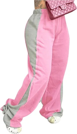 Women's Color Block Wide Leg Sweatpants Casual Elastic Waist Jogger Pants Trousers