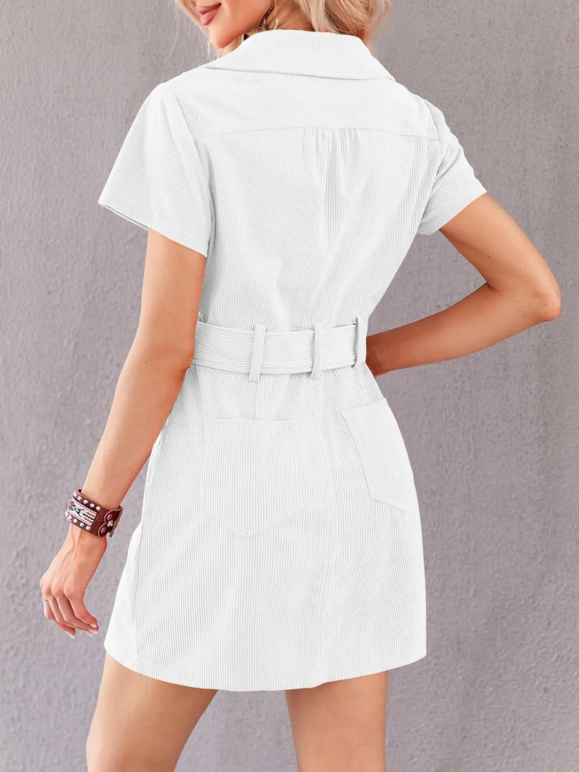 Women's Corduroy Mini Dress Short Sleeve Lapel Zip Up Belted Cowgirl Dresses with Pockets