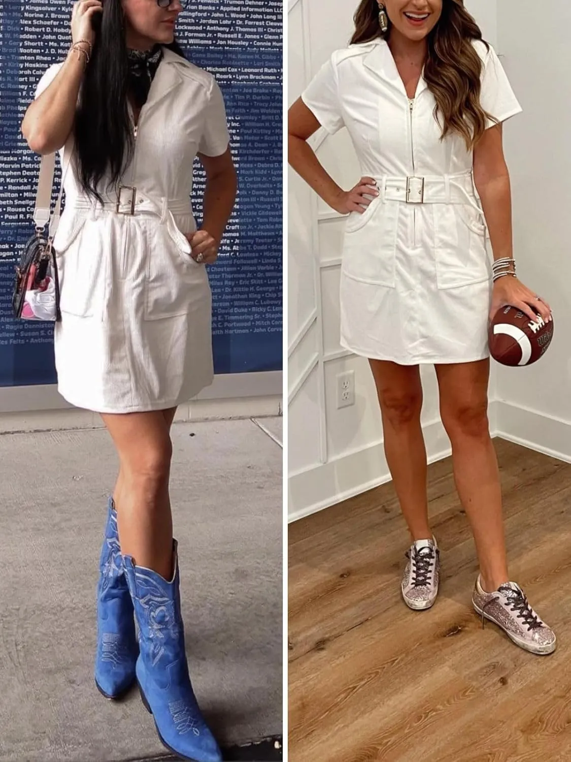 Women's Corduroy Mini Dress Short Sleeve Lapel Zip Up Belted Cowgirl Dresses with Pockets