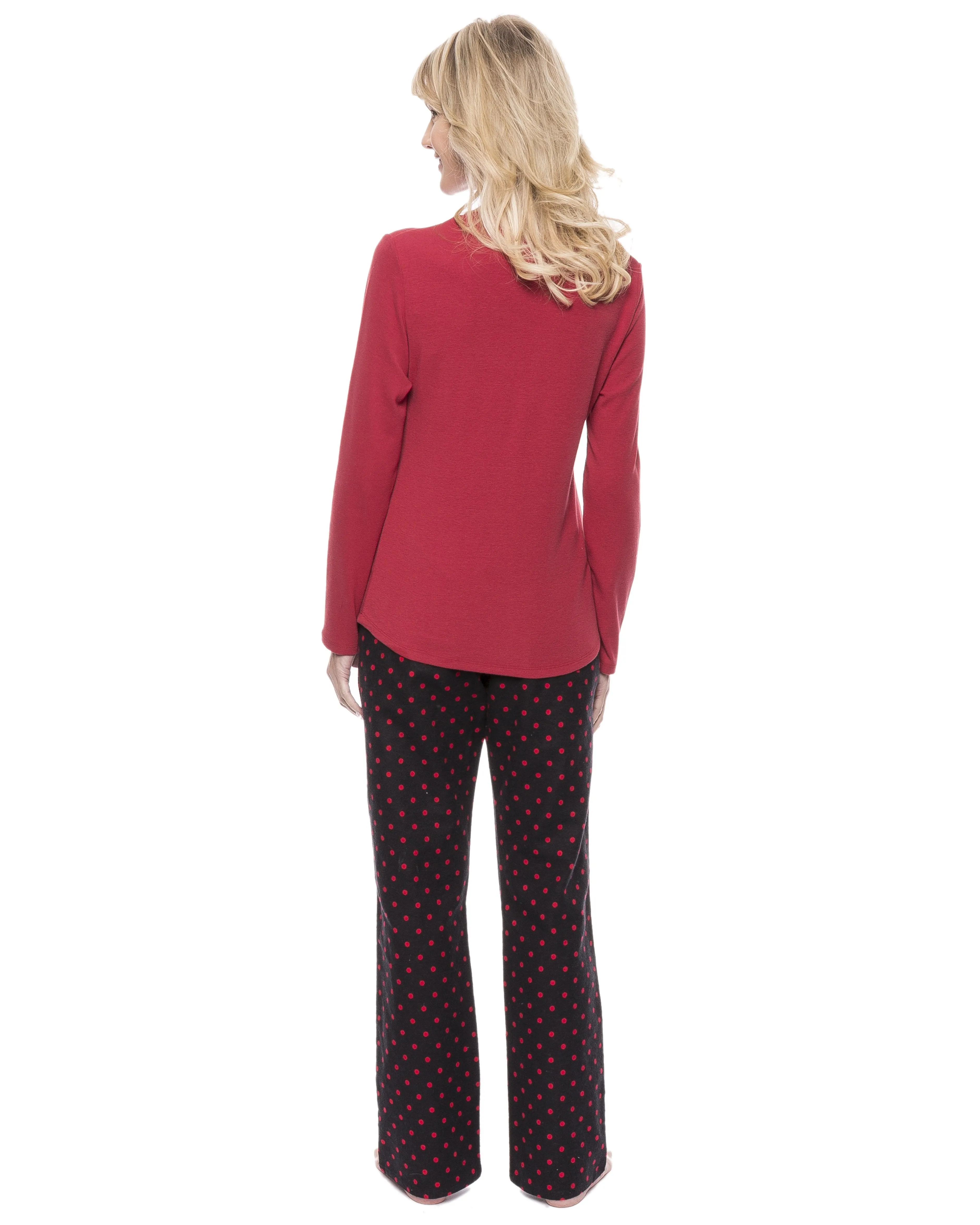 Womens Cotton Flannel Lounge Set with Henley Top - Dots Diva Black/Red
