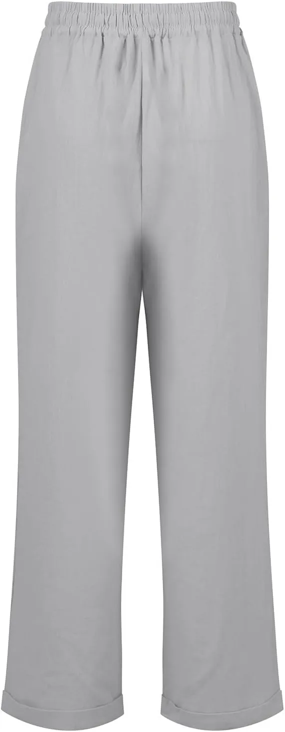 Womens Cotton Linen Cropped Pants 2025 Summer Lounge High Waisted Stretch Capris Drawstring Trousers with Pocket