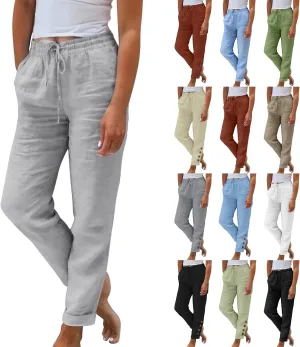 Womens Cotton Linen Cropped Pants 2025 Summer Lounge High Waisted Stretch Capris Drawstring Trousers with Pocket