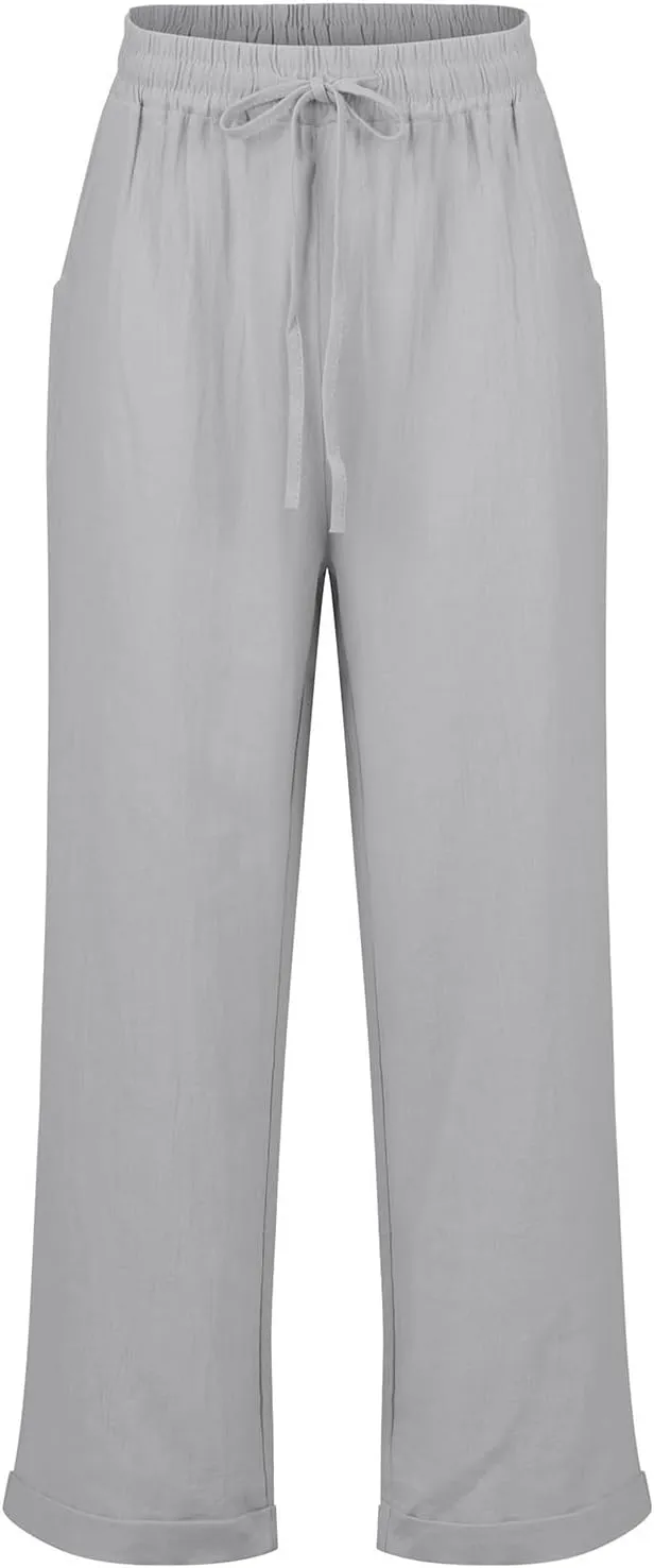 Womens Cotton Linen Cropped Pants 2025 Summer Lounge High Waisted Stretch Capris Drawstring Trousers with Pocket